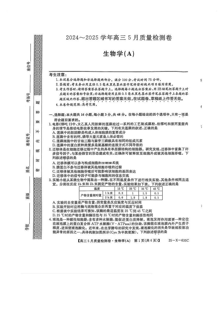 山西省三晋卓越联盟2024-2025学年高三下学期5月质量检测卷生物（A）试卷（高考模拟）第1页