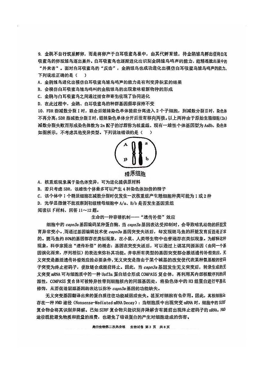 天津市武清区杨村第一中学2024-2025学年高三下学期第二次热身练生物试卷（高考模拟）第3页