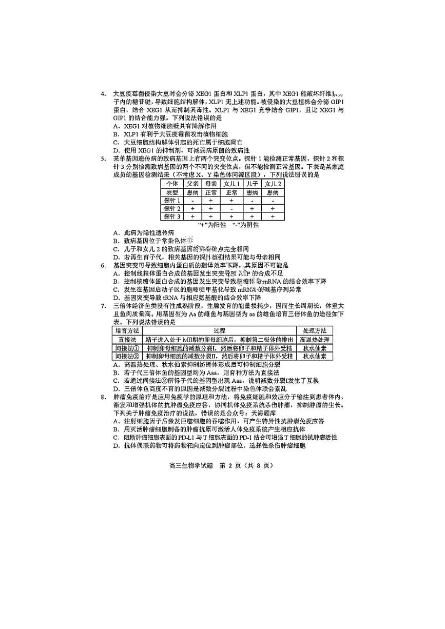 2025年山东省淄博市高三生物三模高考试题及其答案解析第2页