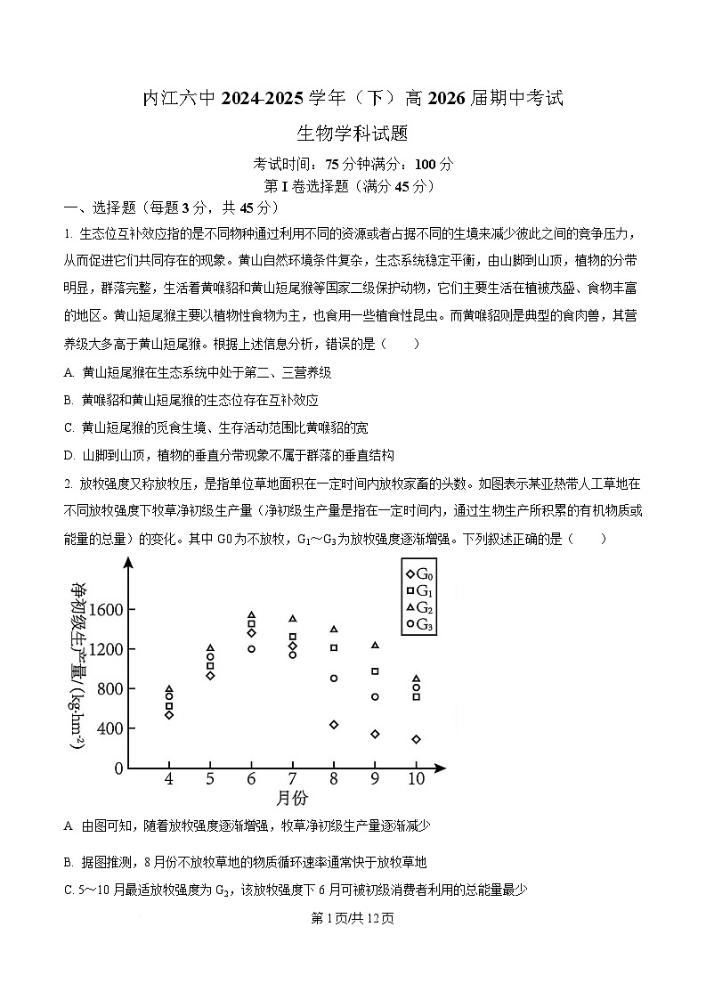 四川省内江市第六中学2024-2025学年高二下学期期中考试生物试题 （原卷版）第1页