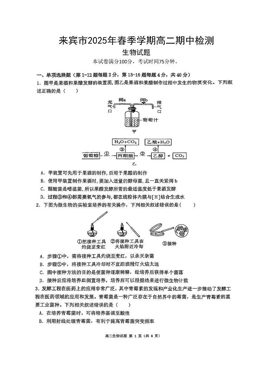 广西来宾市2024-2025学年高二下学期5月期中考试生物试题（PDF版附解析）第1页