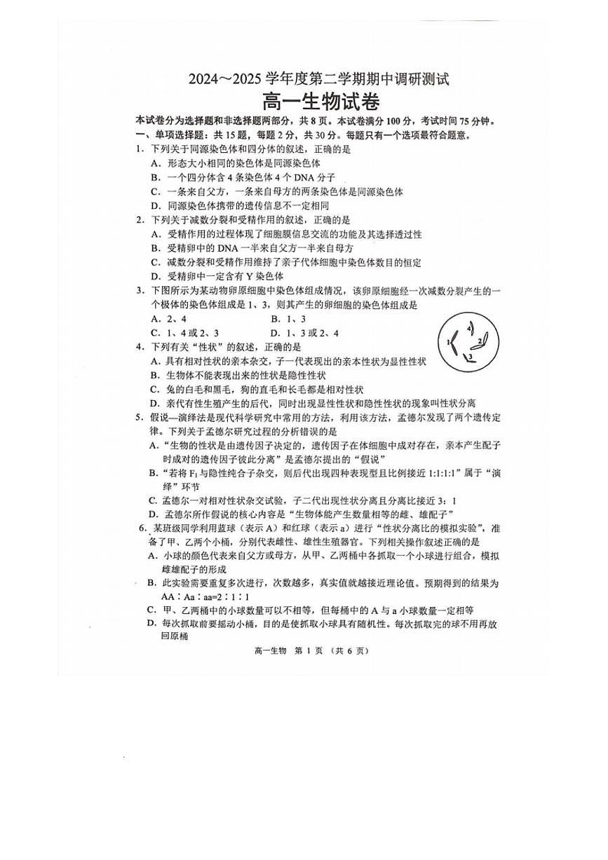 江苏省宿迁市沭阳县2024-2025学年高一下学期期中考试生物试题（PDF版附答案）第1页