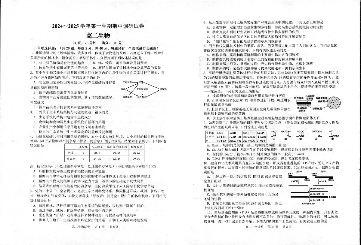 江苏省宿迁市泗阳县2024-2025学年高二下学期期中考试生物试题（PDF版附答案）第1页