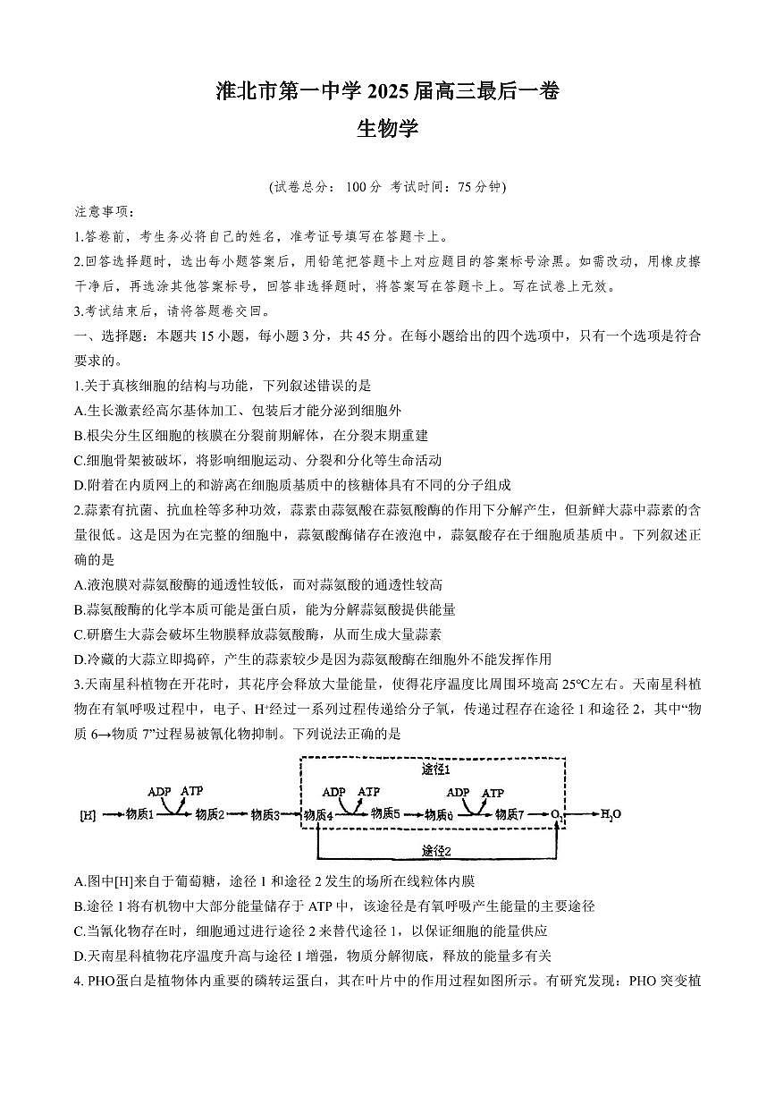 安徽省淮北市第一中学2025届高三下学期最后一卷生物试卷（PDF版附答案）第1页