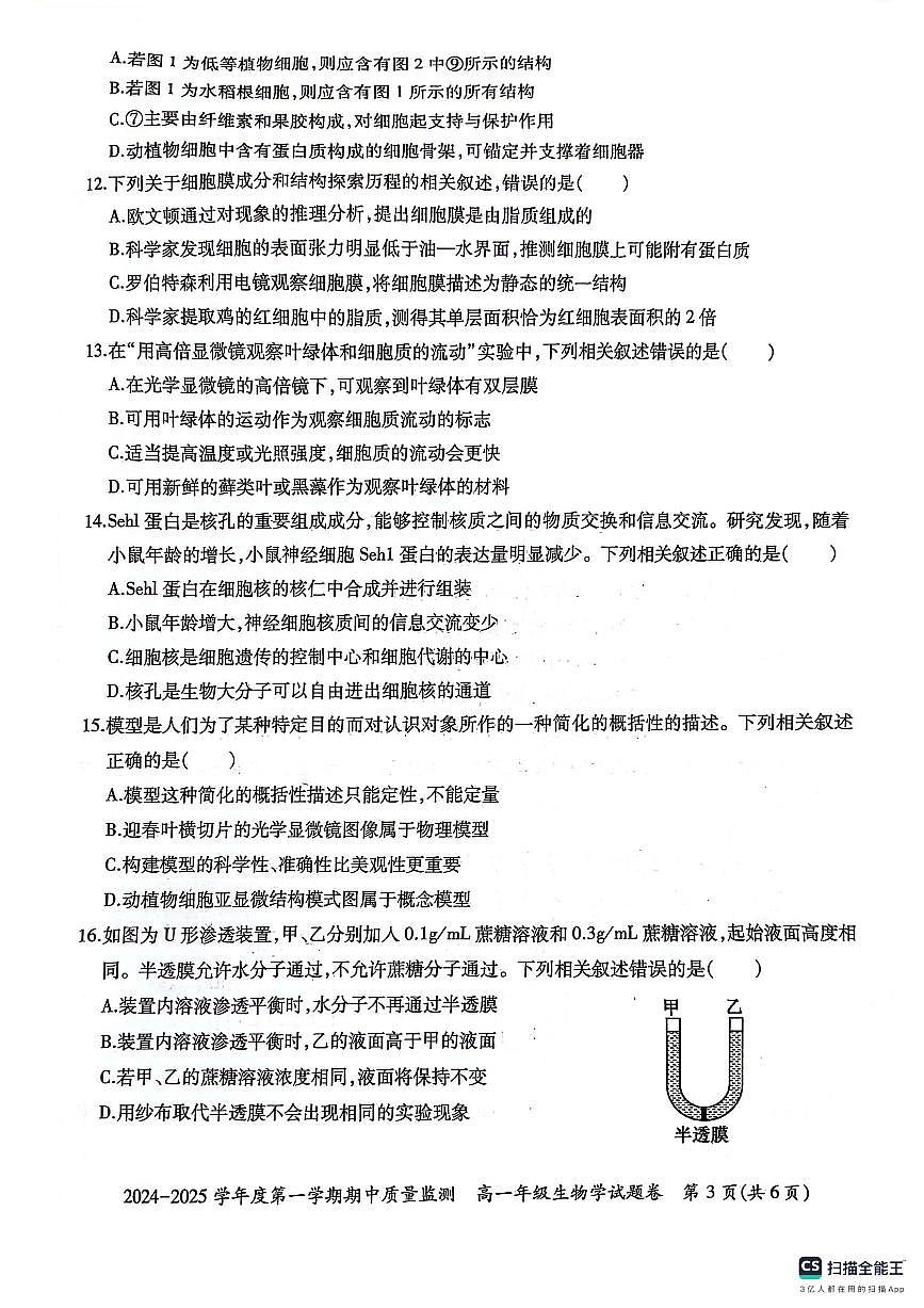 贵州省六盘水市2024—2025学年高一上学期期中考试生物试题第3页