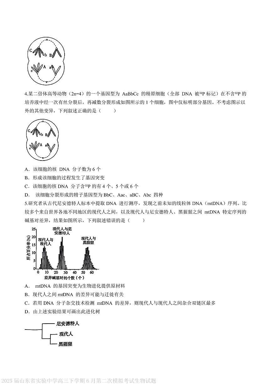 山东省实验中学2025届高三下学期第二次模拟考试生物试题 PDF版含答案第2页