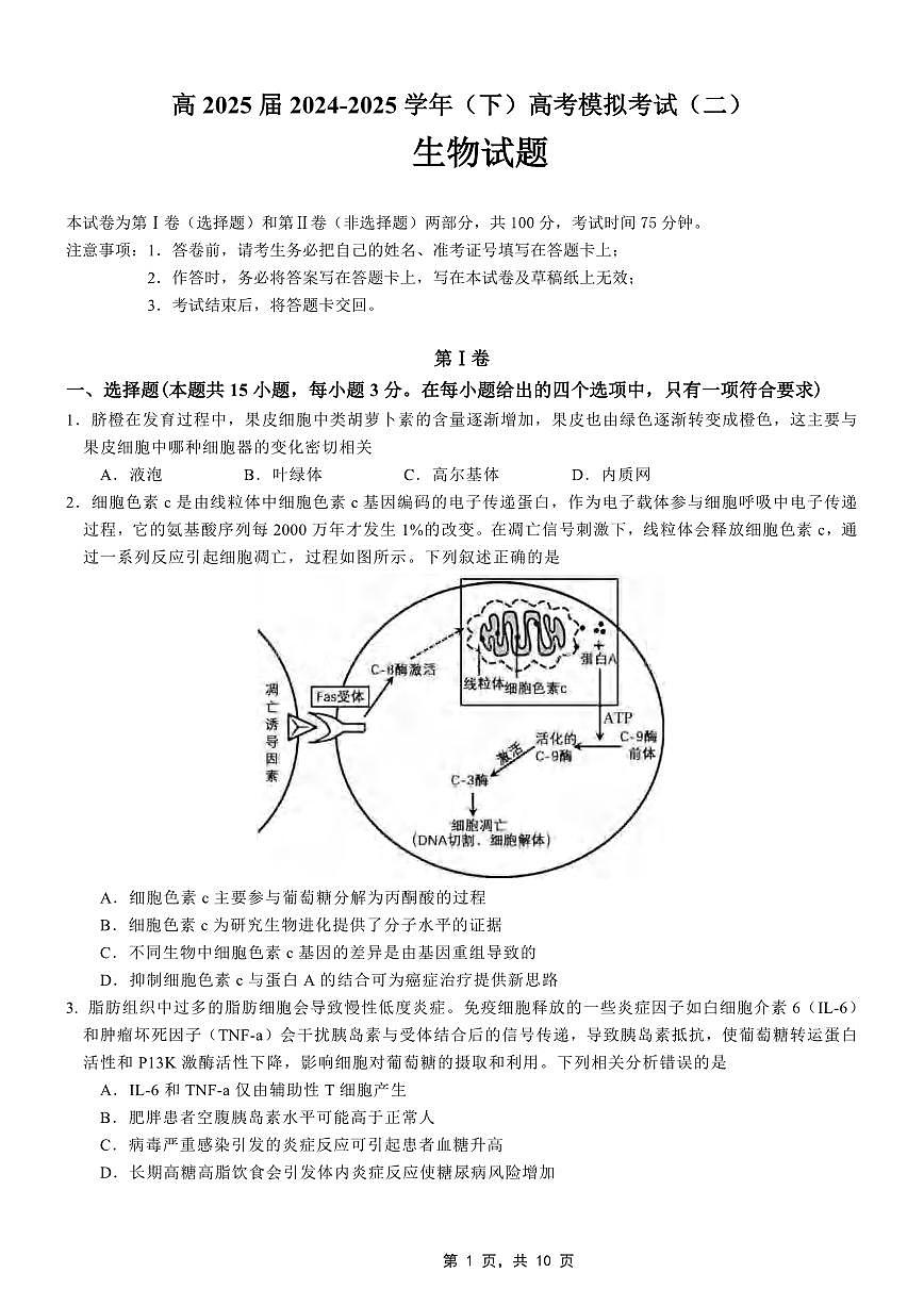 生物丨重庆市育才中学高2025届高三下学期5月高考模拟考试（二）试题和答案第1页