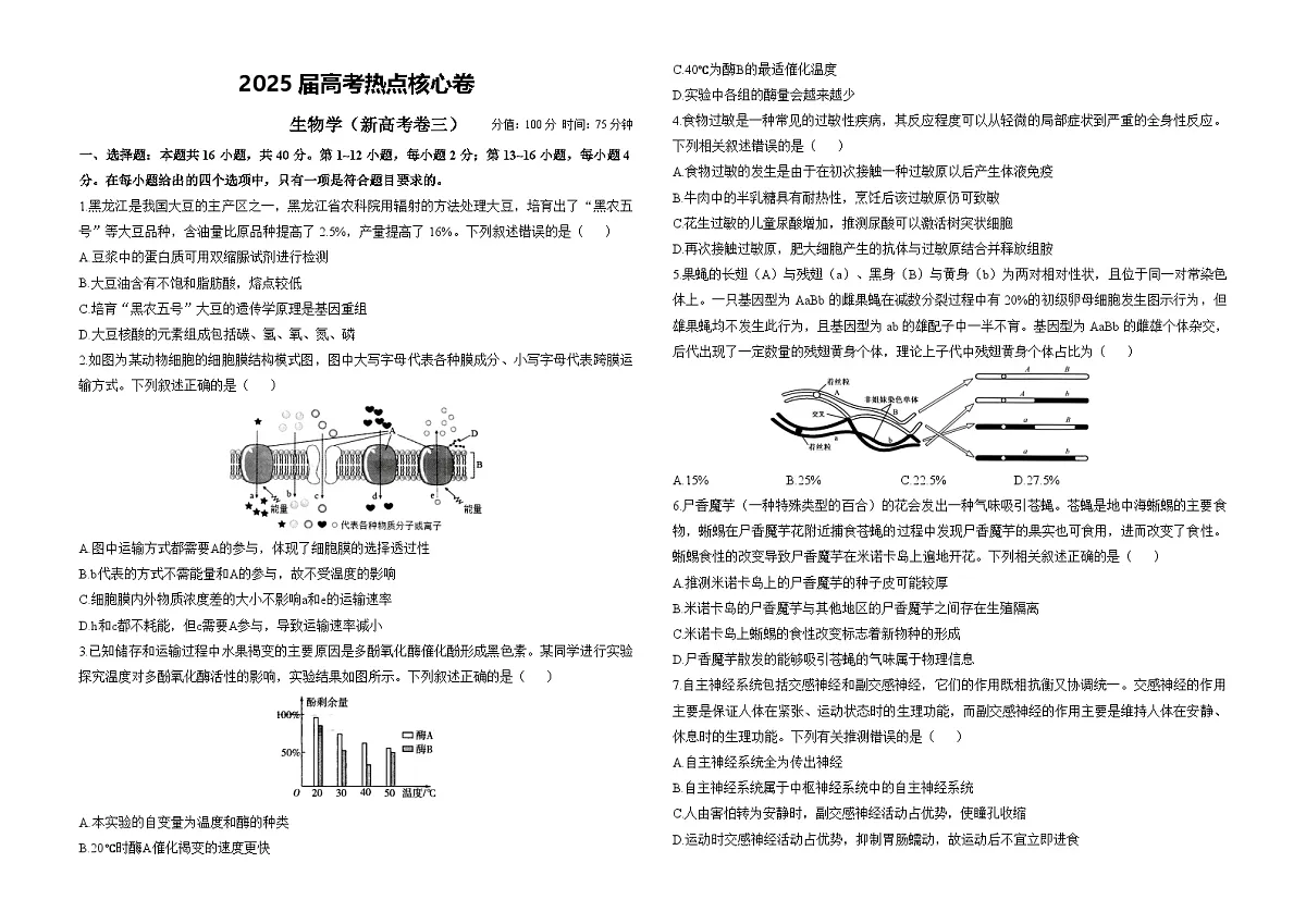 2025届高考生物学热点核心卷 新高考卷三第1页