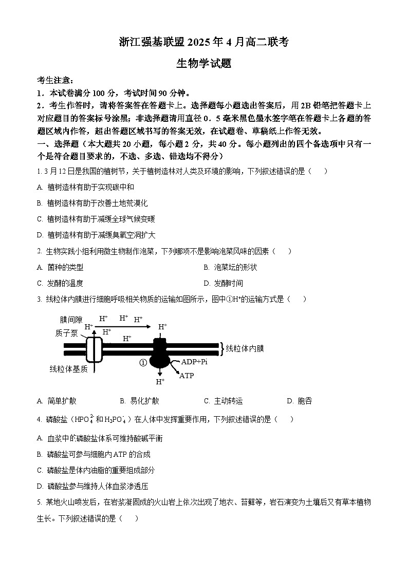 浙江省强基联盟2024-2025学年高二下学期4月期中生物试题（原卷版）第1页