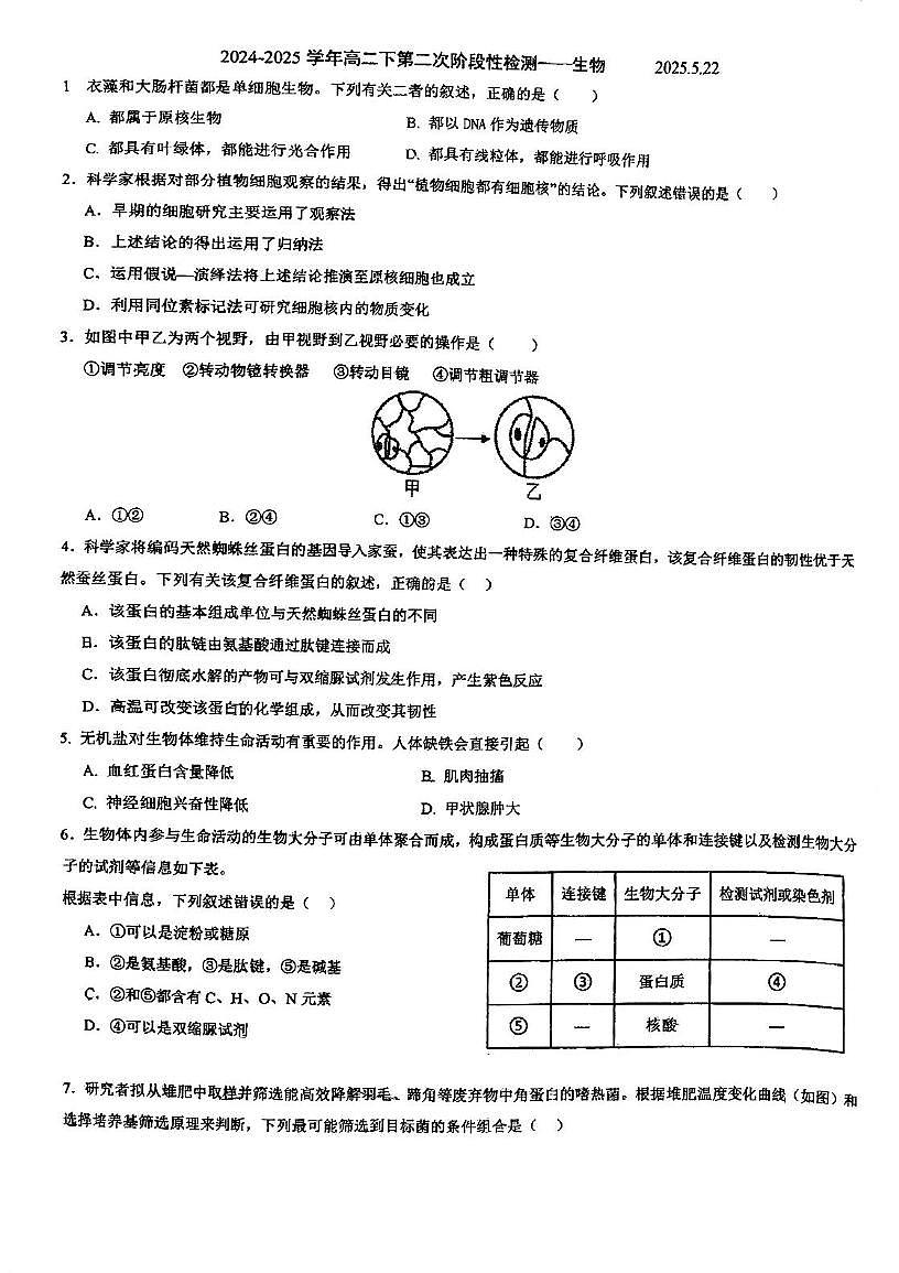天津市滨海新区大港实验中学2024-2025学年高二下学期5月月考生物试题第1页