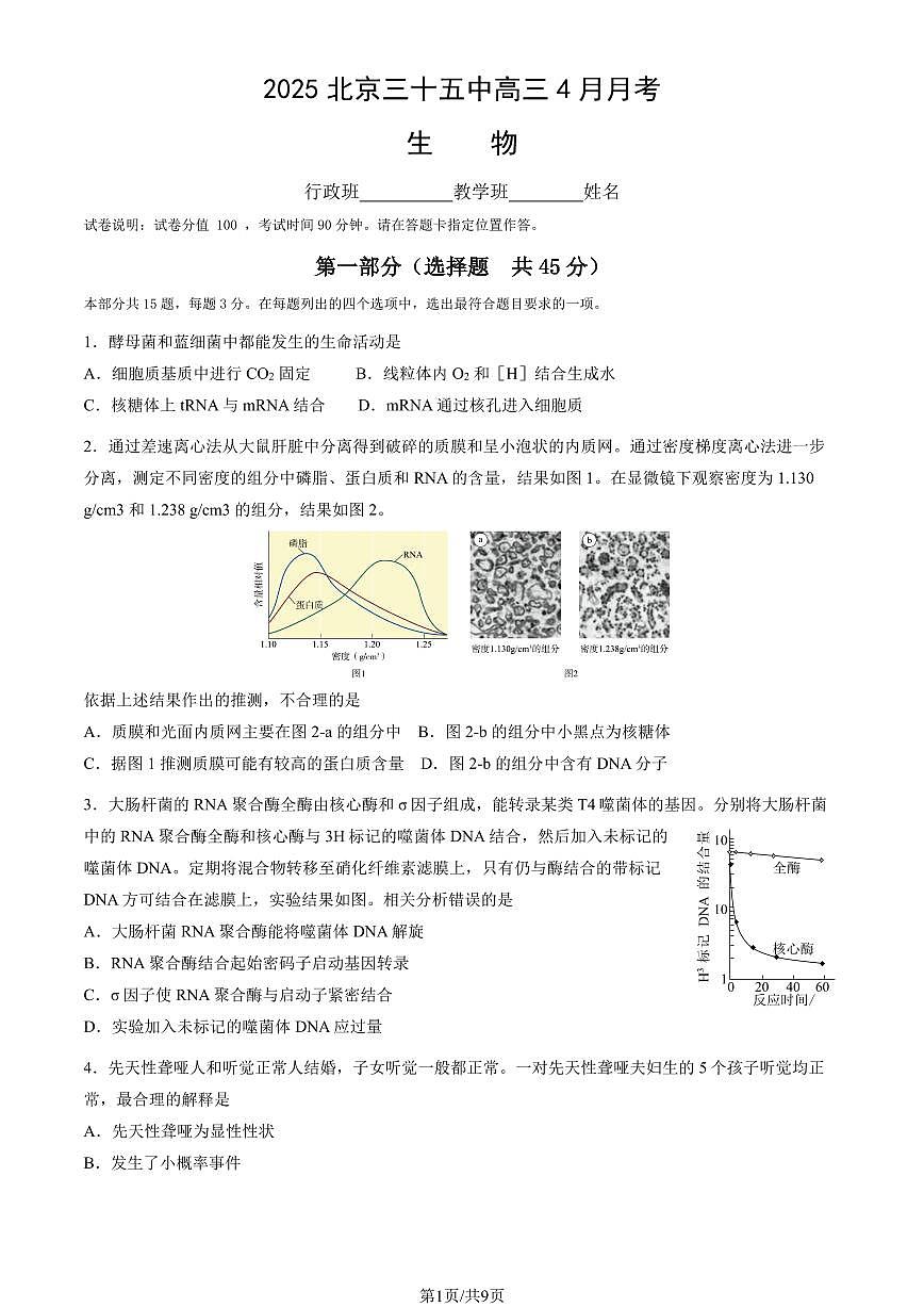 2025北京三十五中高三下4月月考生物（教师版）试卷第1页