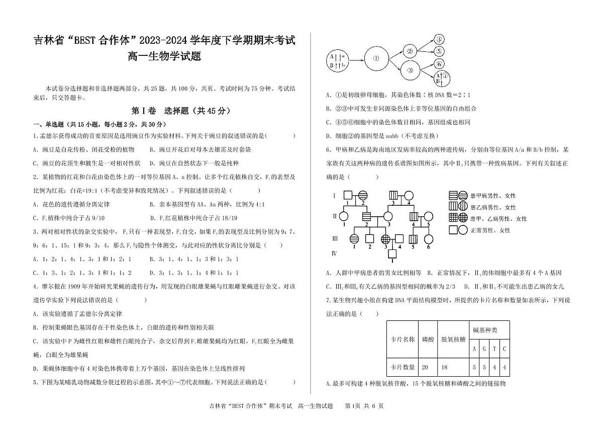 高一生物学试题第1页