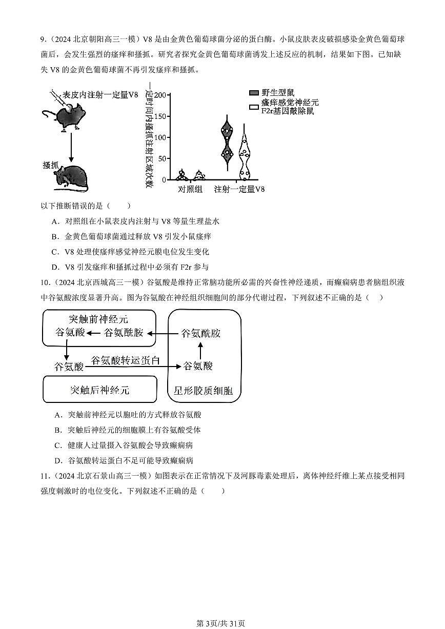 2023-2025北京高三一模[高考模拟]生物汇编：神经调节章节综合第3页