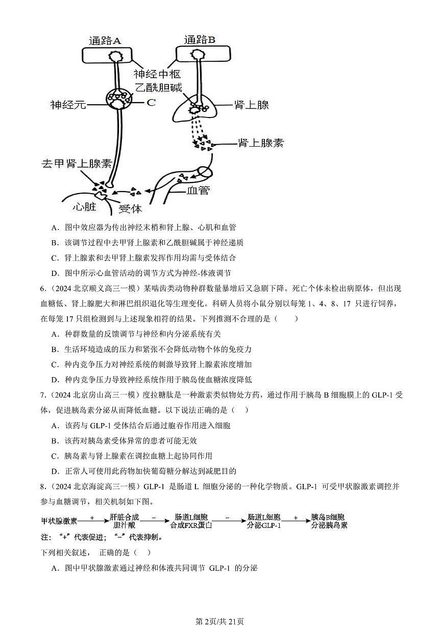2023-2025北京高三一模[高考模拟]生物汇编：体液调节与神经调节的关系第2页