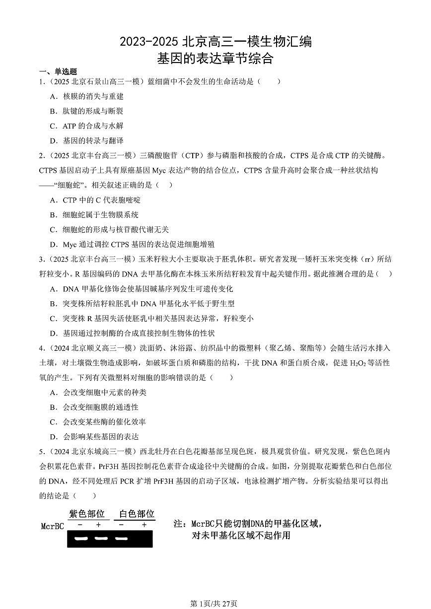 2023-2025北京高三一模[高考模拟]生物汇编：基因的表达章节综合第1页