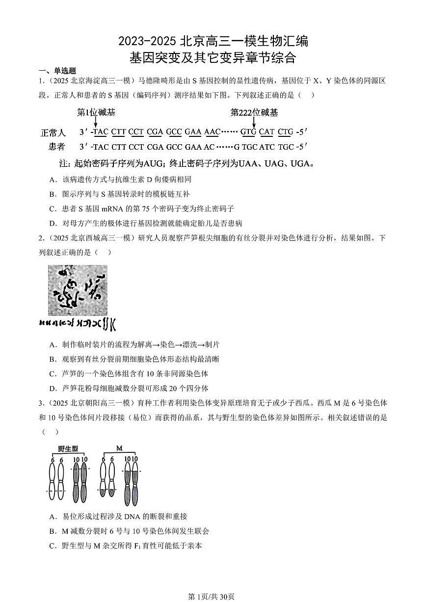 2023-2025北京高三一模[高考模拟]生物汇编：基因突变及其它变异章节综合第1页
