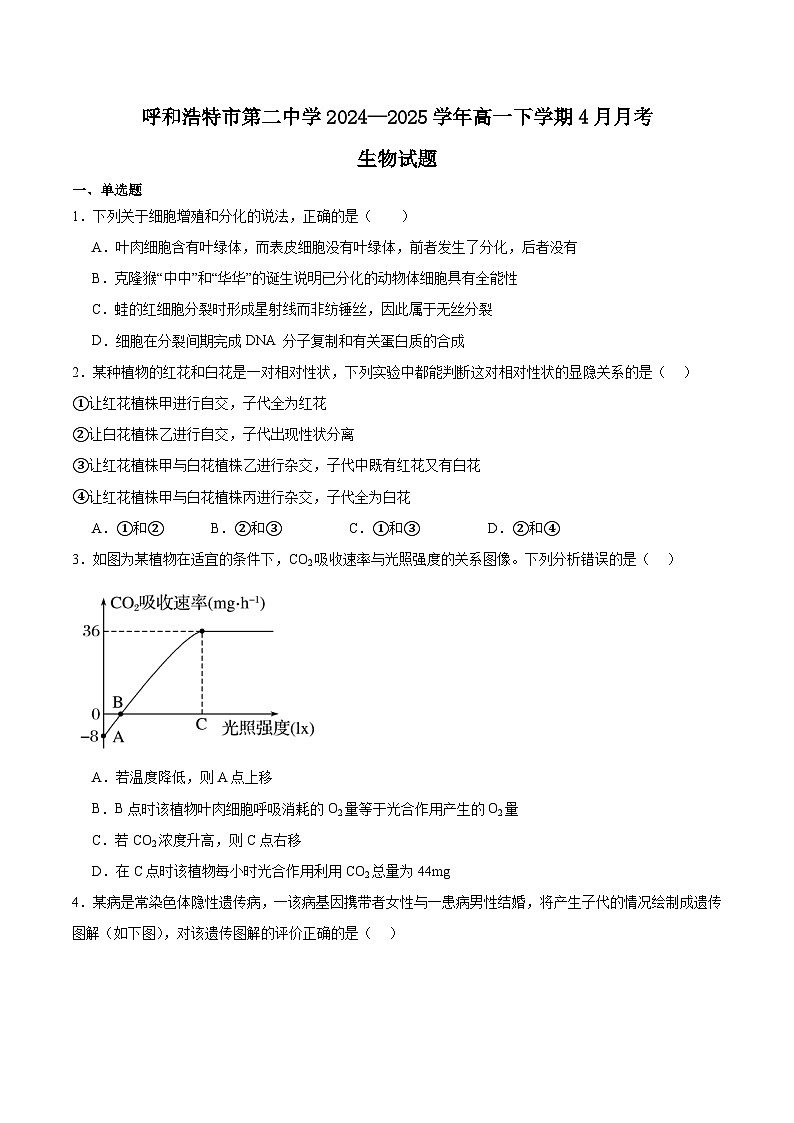 内蒙古呼和浩特市第二中学2024-2025学年高一下学期4月月考生物试卷（Word版附答案）第1页