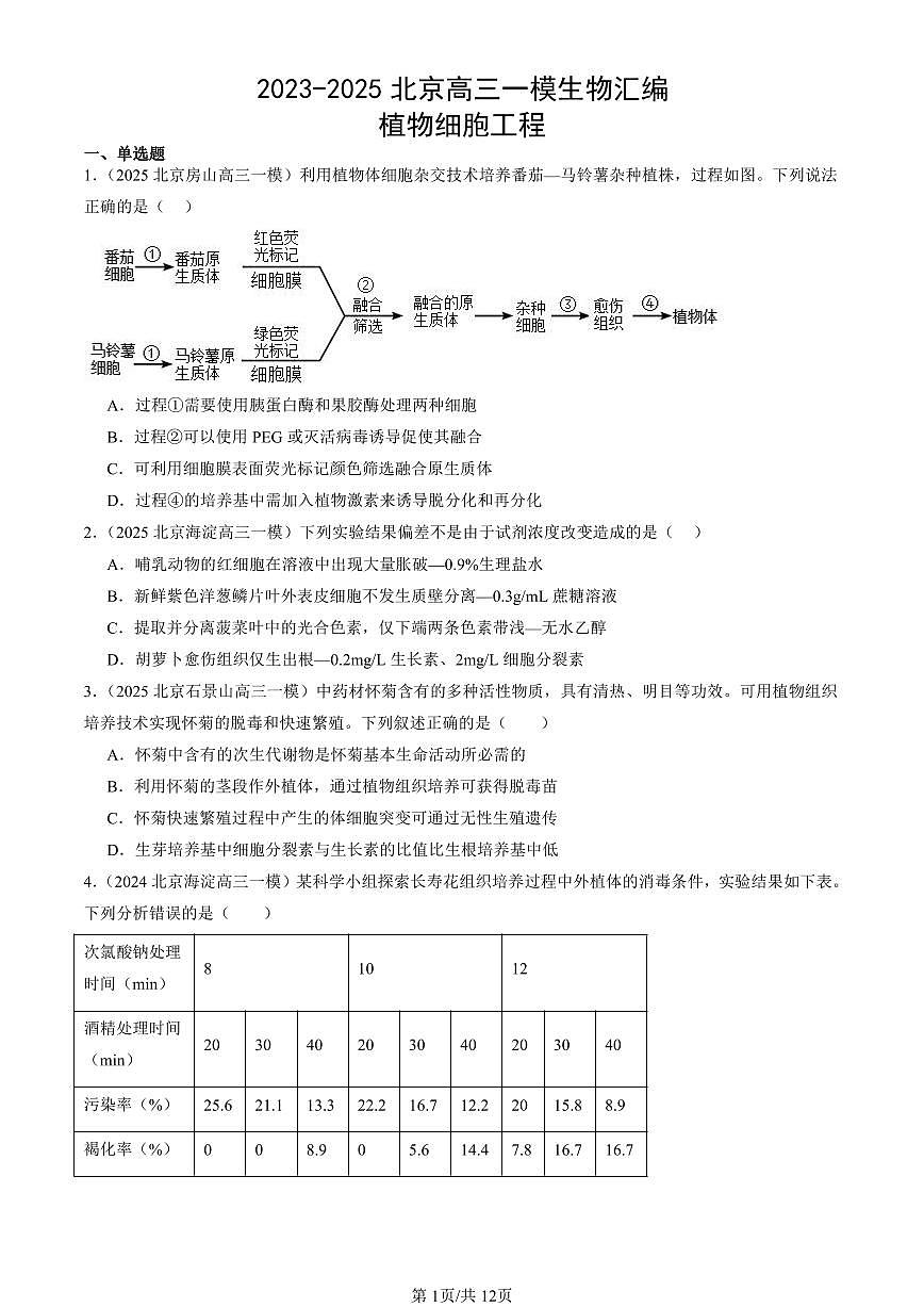 2023-2025北京高三一模[高考模拟]生物汇编：植物细胞工程第1页