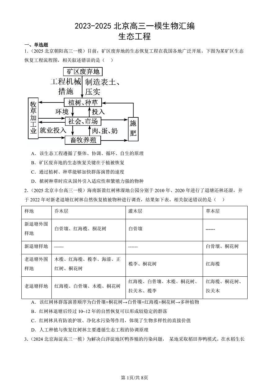 2023-2025北京高三一模[高考模拟]生物汇编：生态工程第1页
