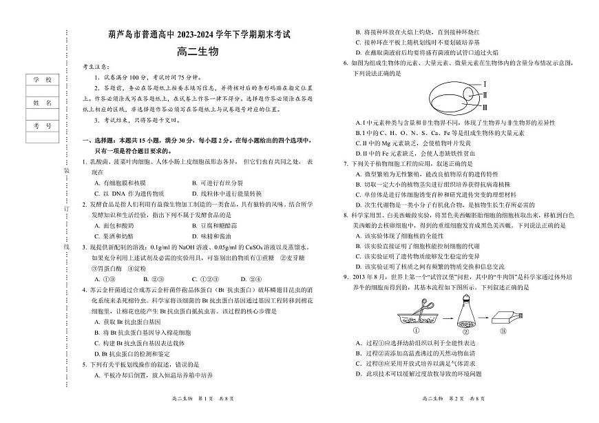 辽宁省葫芦岛市2023-2024学年高二下学期期末考试生物试卷第1页