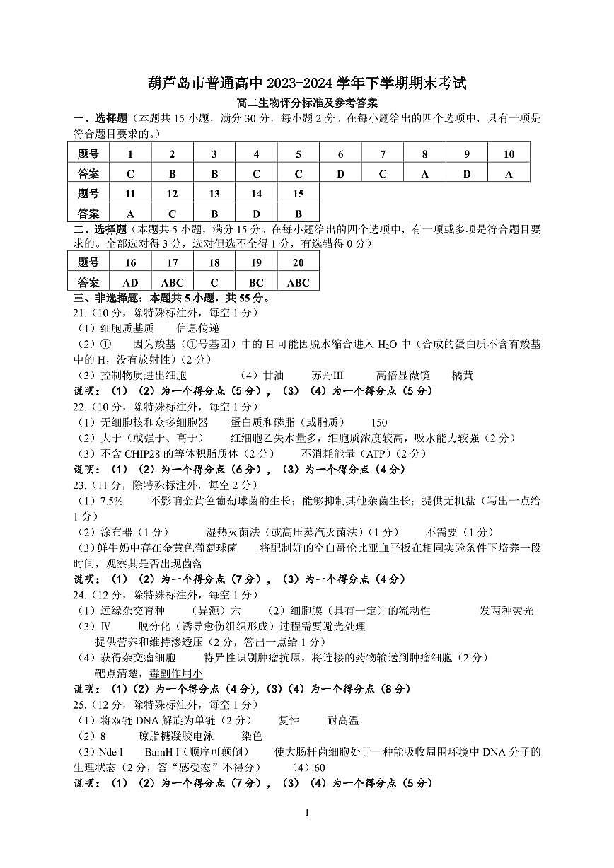 2024年7月高二生物答案第1页
