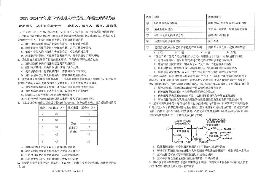 辽宁省实验中学2023-2024学年高二下学期7月期末考试生物试题第1页