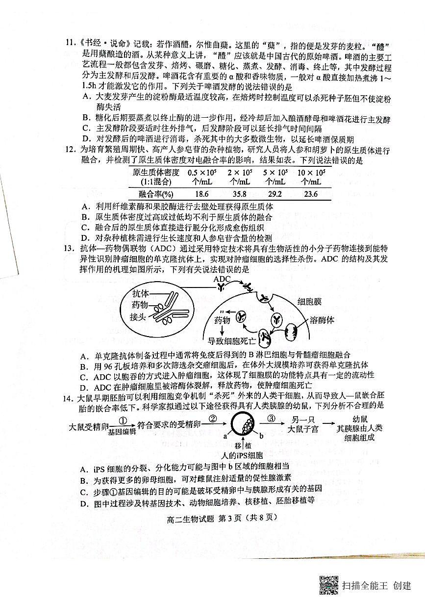 山东省菏泽市2023—2024学年高二下学期期末考试生物试题第3页