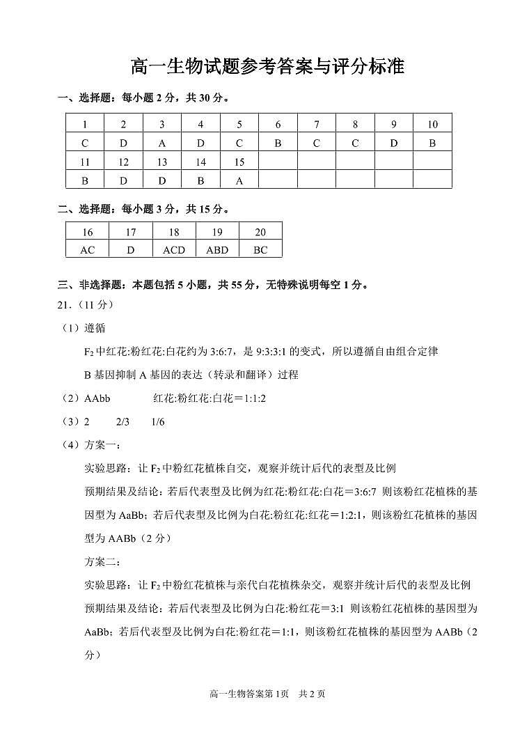 高一生物答案定稿6.22第1页