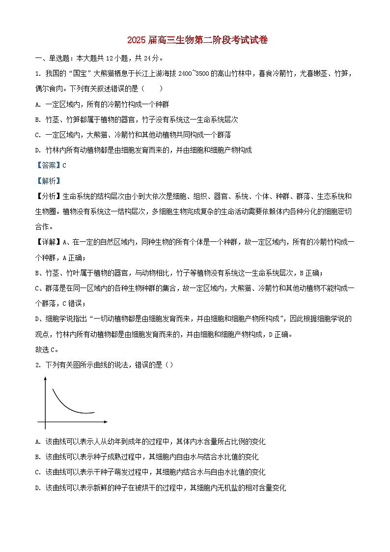 湖南省长沙市2025届高三生物上学期10月第二次月考试题含解析第1页