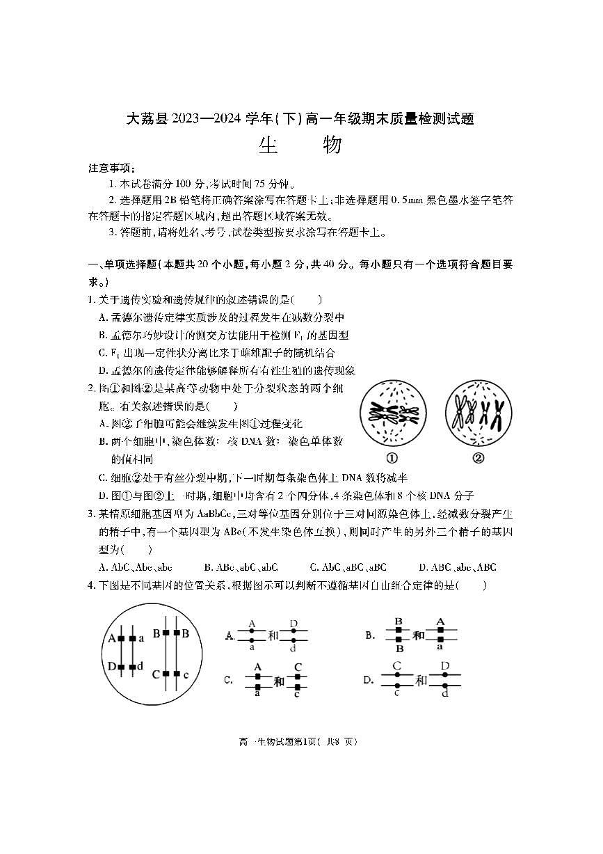 陕西省渭南市大荔县2023-2024学年高一下学期期末质量检测+生物第1页