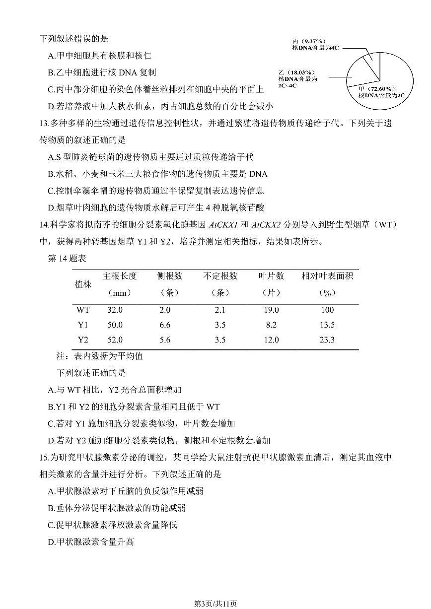 2025浙江高考真题生物（选考）（1月）（教师版）试卷第3页