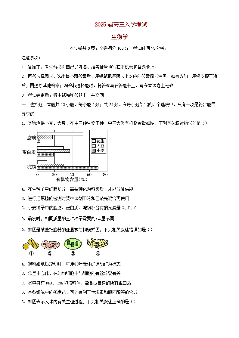 湖南省部分学校2025届高三生物上学期8月入学考试含解析第1页