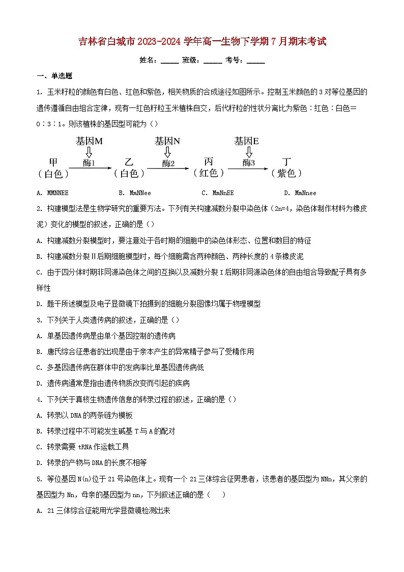 吉林省白城市2023_2024学年高一生物下学期7月期末考试含解析第1页