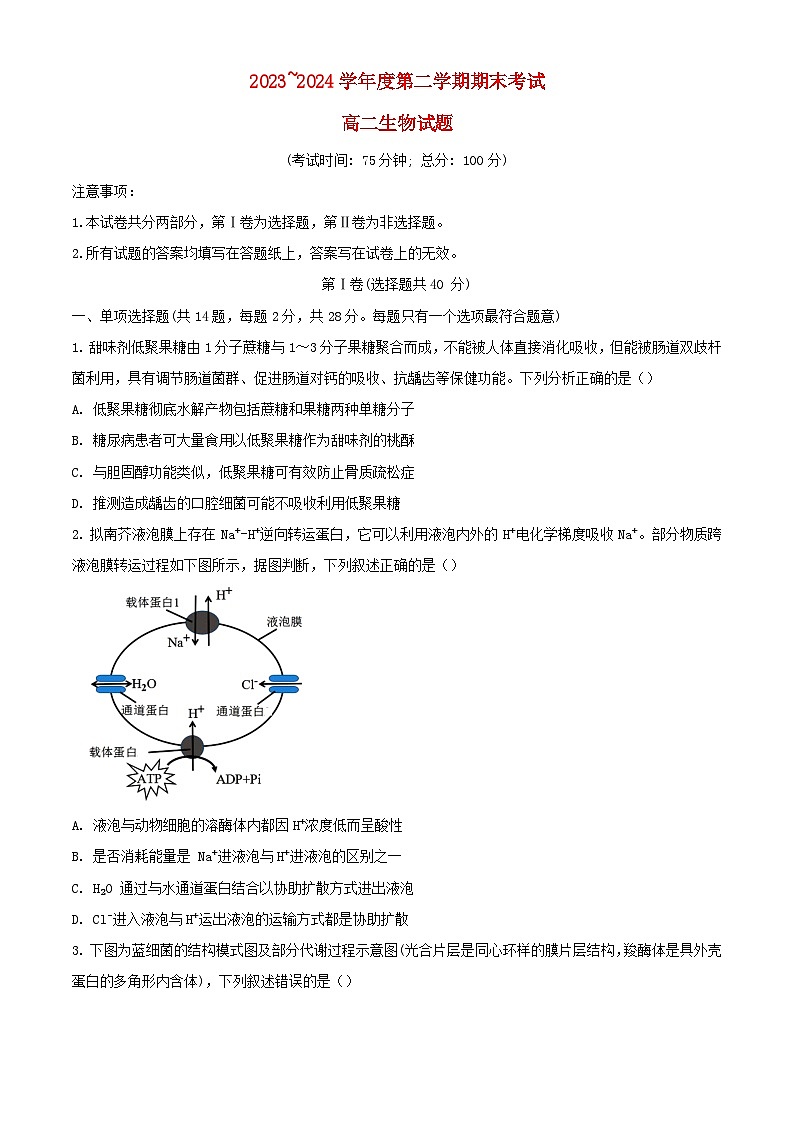 江苏省泰州市2023_2024学年高二生物下学期6月期末考试含解析第1页