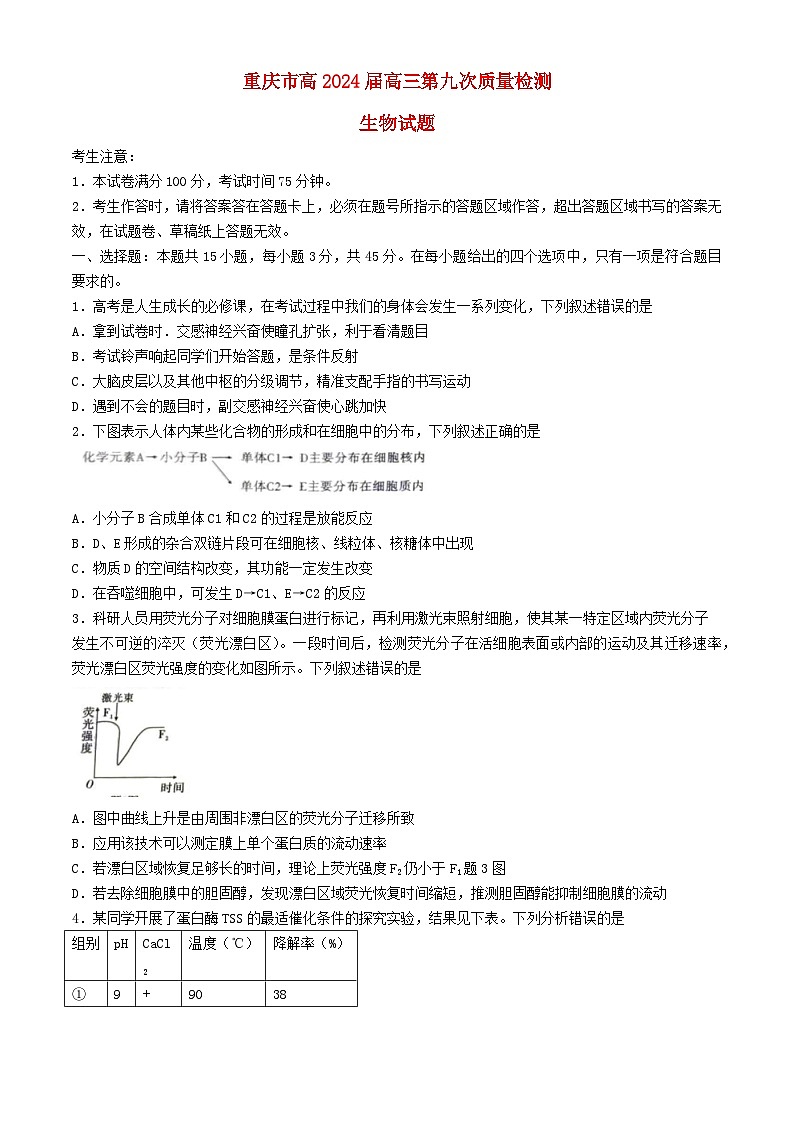 重庆市2024届高三生物下学期5月第九次模拟预测试题含解析第1页