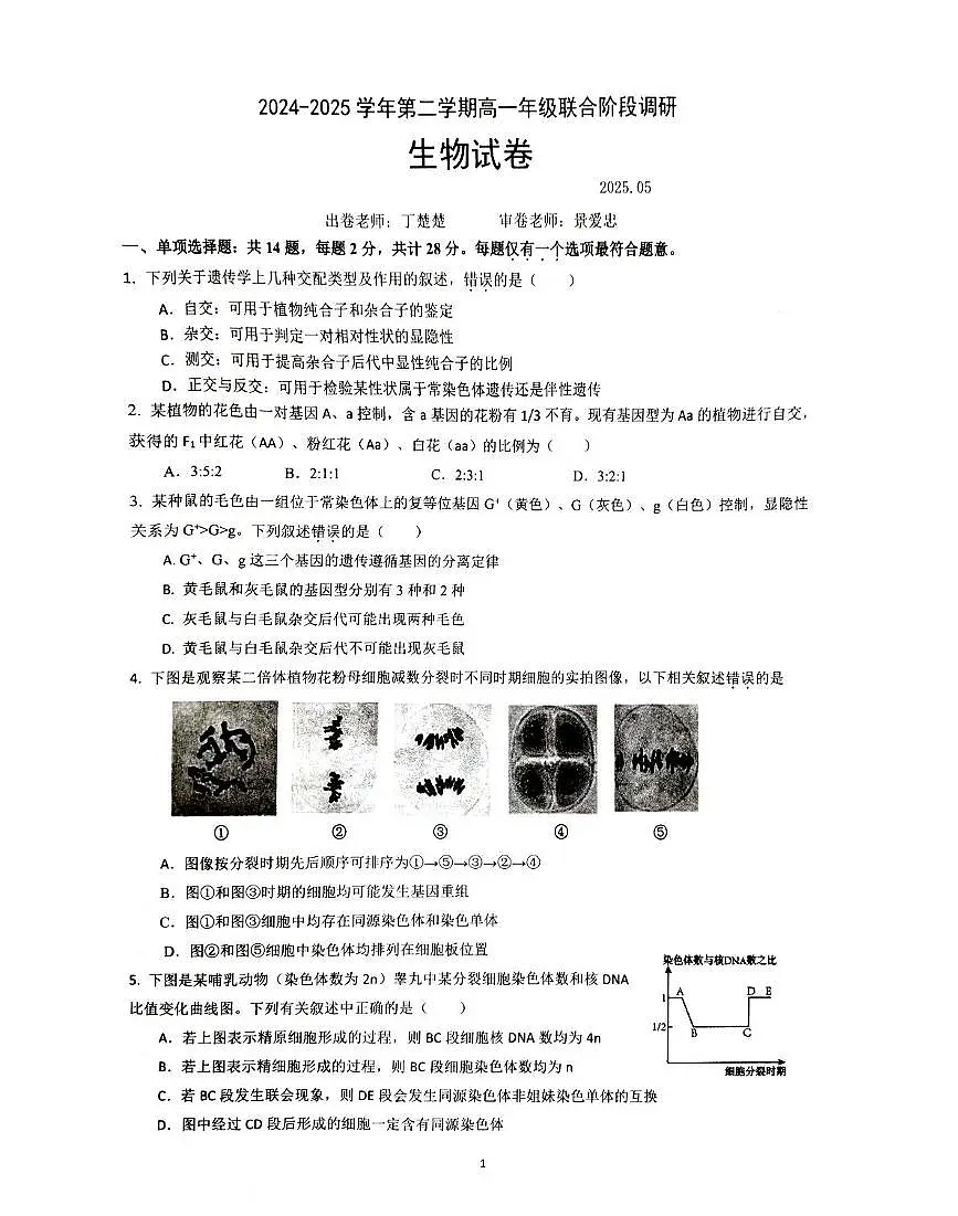 江苏省联考2024-2025学年高一下学期5月月考生物试题第1页