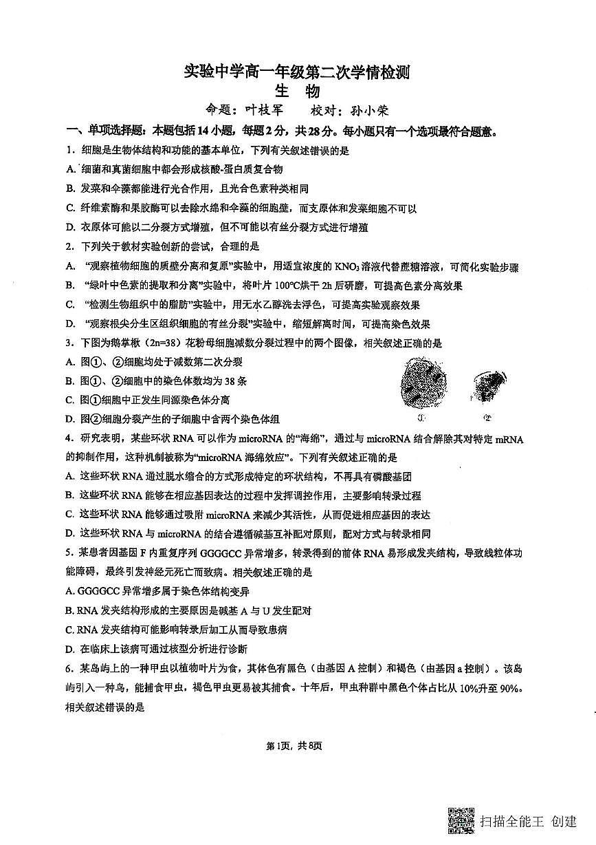 江苏省南通市海安市实验中学2024-2025学年高一下学期5月月考生物试题第1页