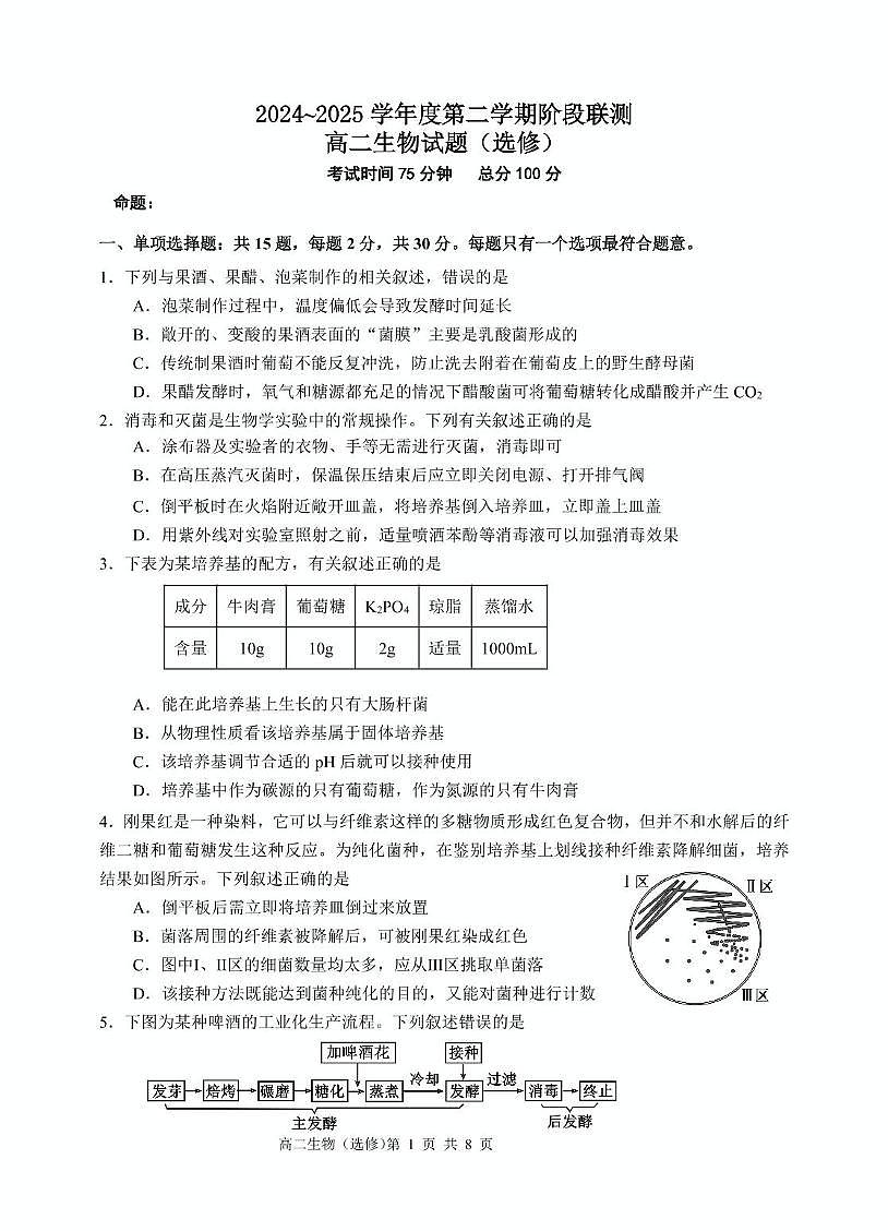 江苏省五市十一校2024-2025学年高二下学期5月阶段联考生物试题（选修）第1页