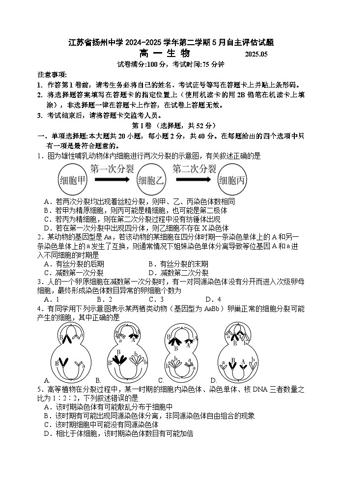 江苏省扬州市广陵区江苏省扬州中学2024-2025学年高一下学期5月月考生物试题第1页