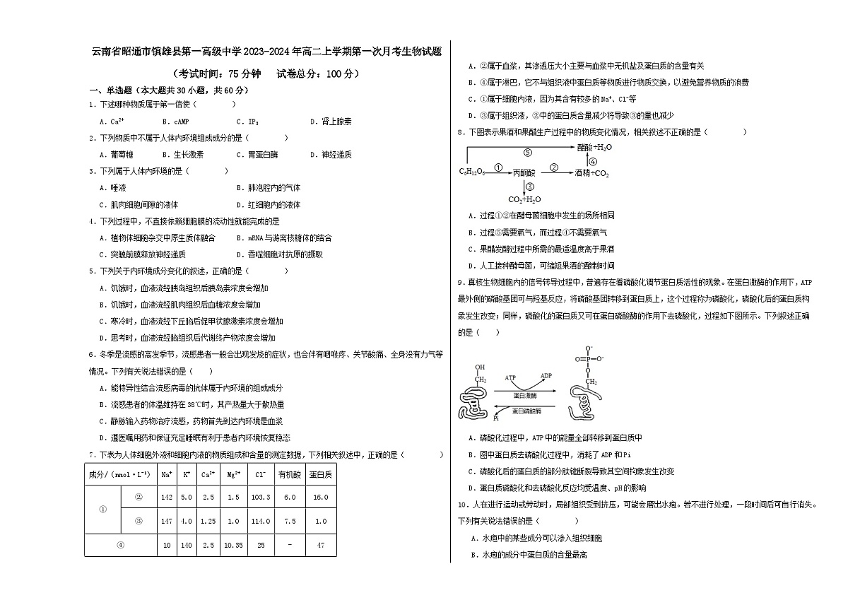 云南省昭通市镇雄县第一高级中学2023-2024年高二上学期第一次月考生物试题第1页
