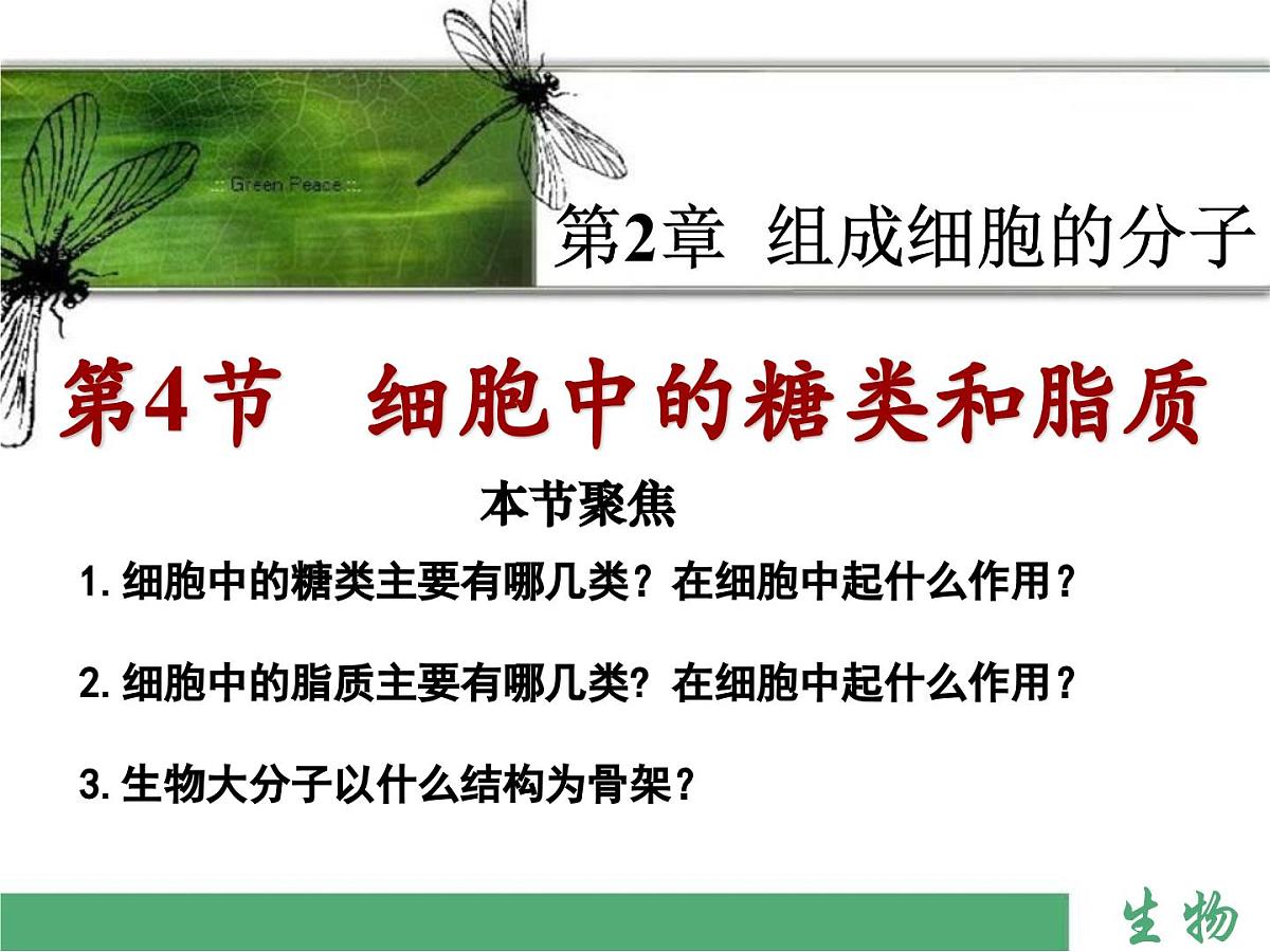 人教版 (新课标)高中生物必修1  2-4《细胞中的糖类和脂质》课件第1页
