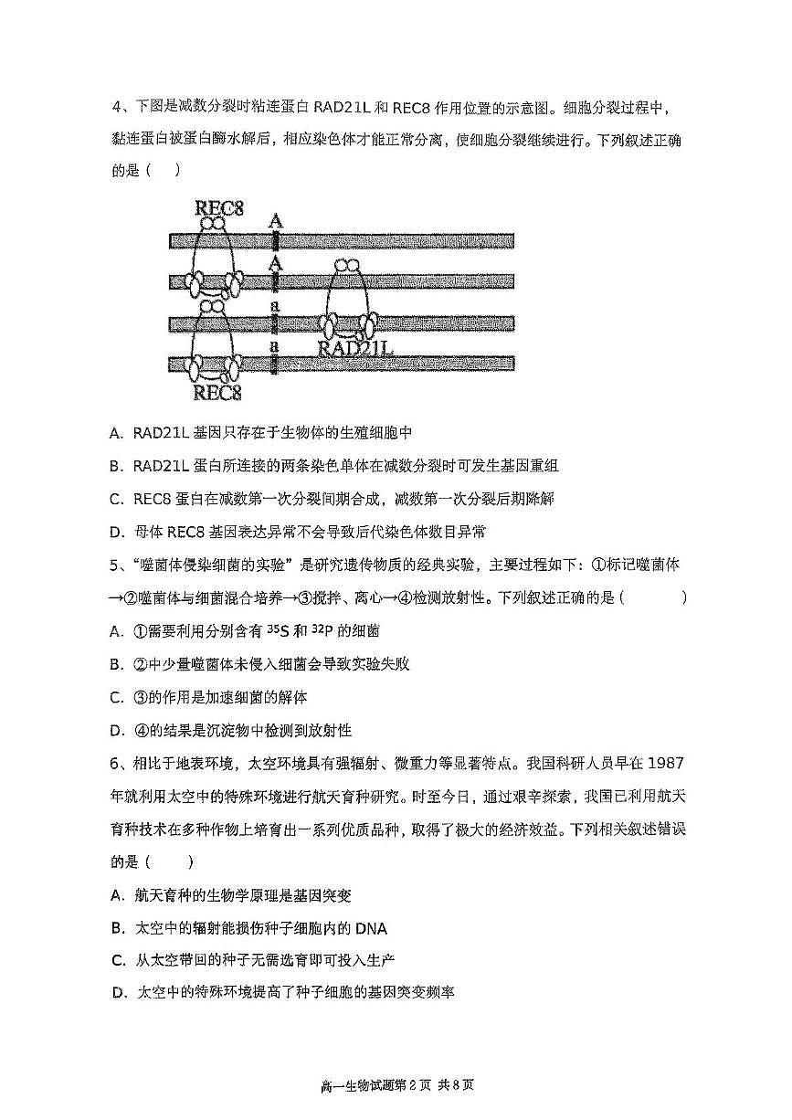 江西省南昌市南昌第十中学2024-2025学年度高一下学期第二次月考生物试卷及答案 南昌十中2024-2025学年下学期第二(2)第2页