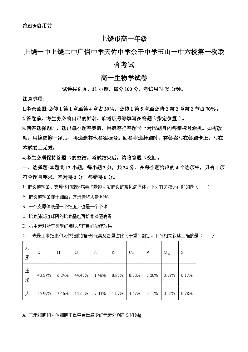 江西省上饶市六校2024-2025学年高一下学期5月月考生物试题第1页