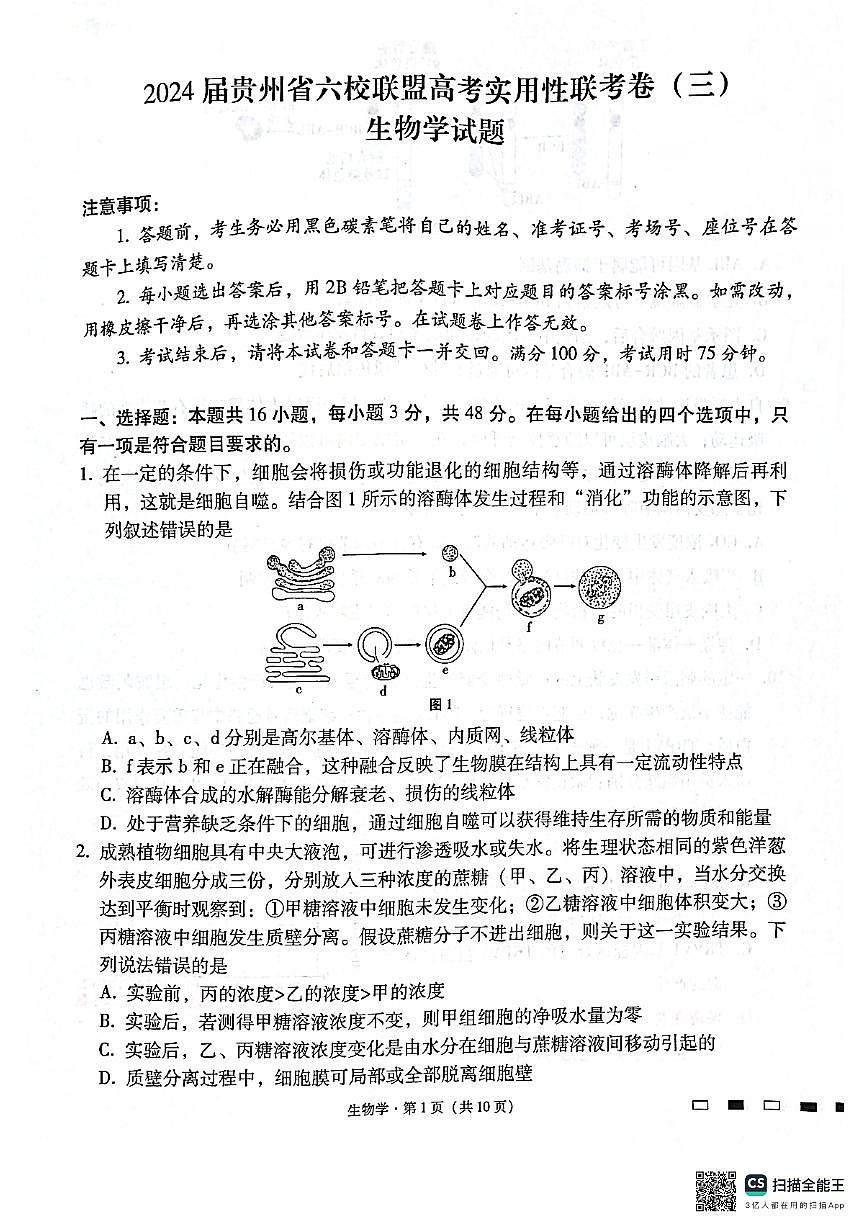 2024届贵州省六校联盟高三高考实用性联考三生物试题第1页