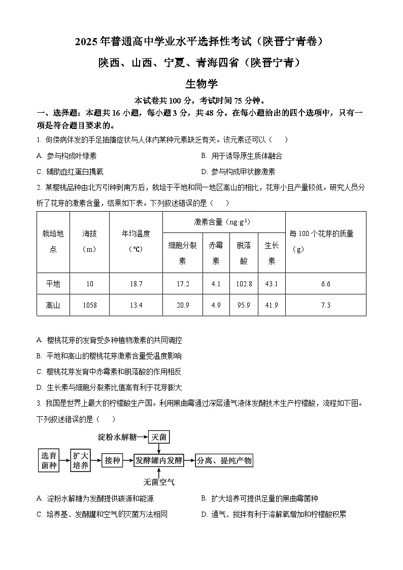 2025年陕西、山西、宁夏、青海四省（陕晋宁青）高考 生物真题试卷 附答案第1页