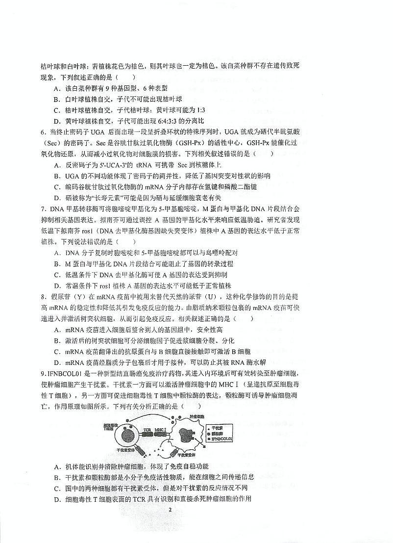 江苏省泰州中学2025届高三下学期第四次模拟考试生物试卷（PDF版附答案）第2页