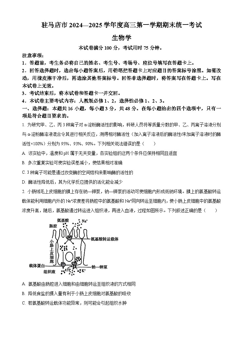 河南省驻马店市2024-2025学年高三上学期1月期末生物试题  Word版无答案第1页