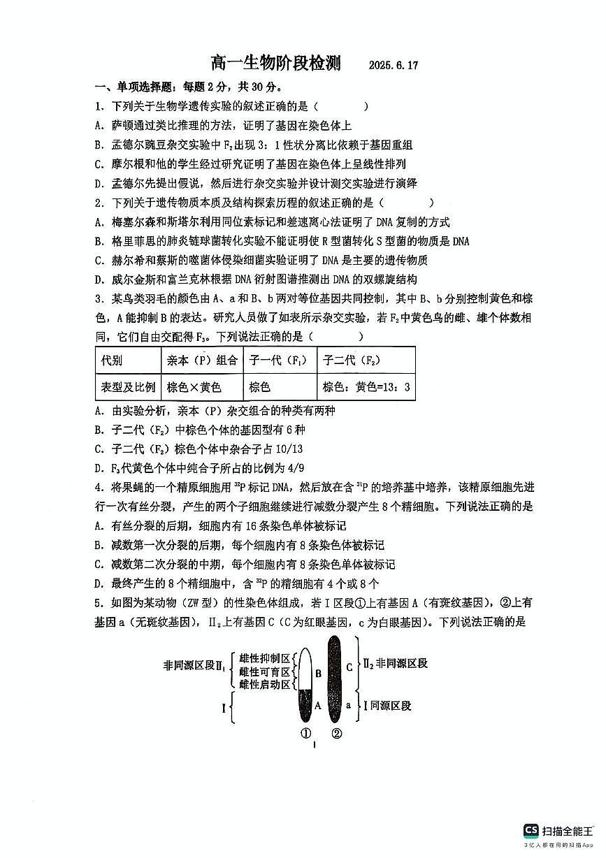 山东省青岛市胶州市实验中学2024-2025学年高一下学期6月月考生物试题第1页