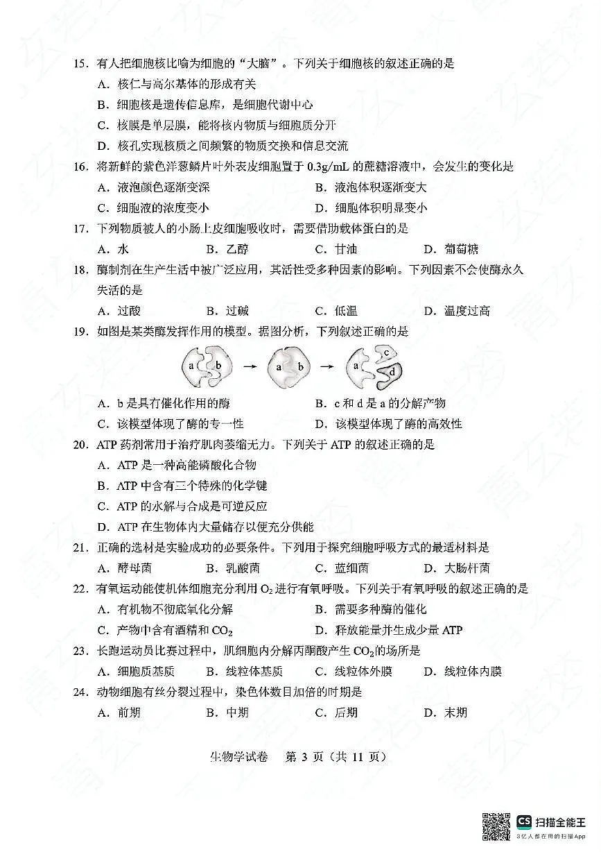 2024年7月辽宁省普通高中学业水平合格性考试生物试题第3页