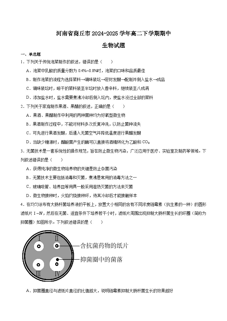 河南省商丘市2024-2025学年高二下学期期中考试生物试题（Word版附答案）第1页